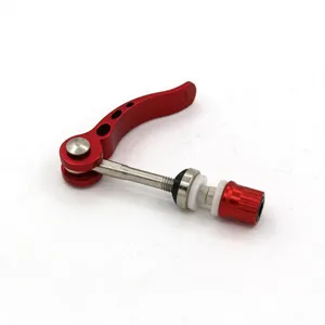 Detailed close-up view of red bicycle quick release lever and seatpost clamp screw part.
