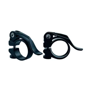 Detailed view of black aluminum alloy bicycle seatpost clamp quick release bike seat clamp.