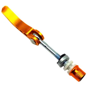 Bicycle quick release lever detail, aluminum alloy seatpost clamp screw rod close-up