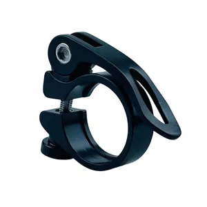 Black aluminum alloy bicycle seatpost clamp detail shot with quick release lever and bolt.