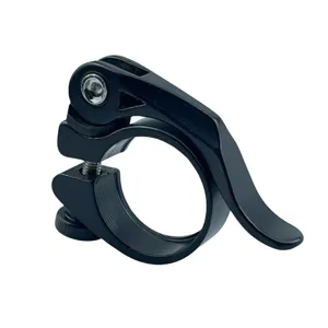 Close-up detail shot of the black aluminum alloy bicycle seatpost clamp with quick-release lever.