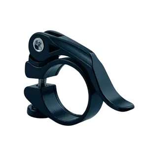 Black aluminum alloy bicycle seatpost clamp detail, quick release design for mountain bikes.