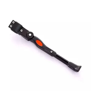 Adjustable aluminum alloy bicycle kickstand detail shot, durable black bike side support stand.