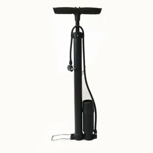 Detailed view of the black floor standing high pressure tire pump with pressure gauge.