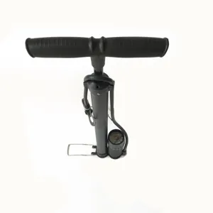 Portable high pressure floor bicycle pump detail view with pressure gauge and foot pedal.