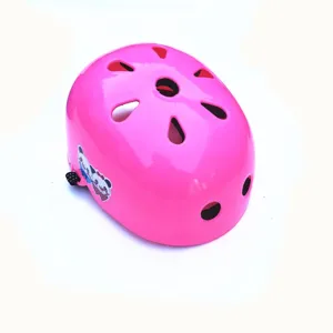 Pink kids safety helmet with plum blossom ventilation vents and cute panda sticker for sports.
