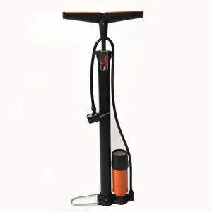 Detail view of the floor bicycle air pump with pressure gauge and ergonomic T-handle design.