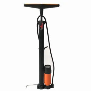 Durable floor bicycle tire air pump with pressure gauge and stable foot pedal for vehicles.