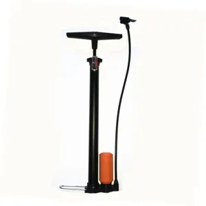 Detailed view of high pressure floor air pump with pressure gauge and durable hose for bikes.