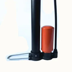 Floor pump detail view showing base cylinder and foot pedal mechanism for easy inflation.