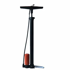 Detailed view of the black floor standing high pressure air pump with T-handle and hose.