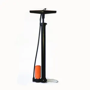 Detailed view of black floor pump with T-handle and hose for tires and sports balls.