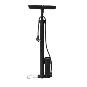 High pressure floor bicycle pump with T-handle and gauge for tires and sports balls.