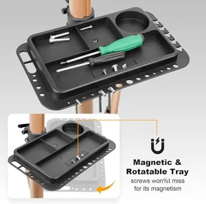Magnetische Werkzeugablage für Fahrrad-Reparaturständer, drehbar und praktisch für Werkstatt.