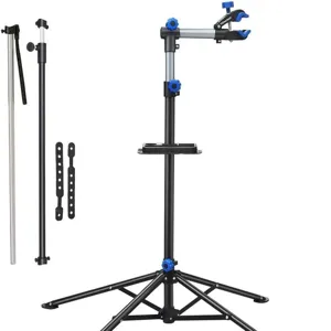 Heavy duty bicycle repair stand with tool tray and adjustable height for mountain bikes.