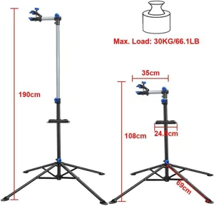 Bike repair stand dimension diagram showing 190cm height and 30kg load capacity details.