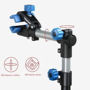 Adjustable bicycle repair stand clamp with 360 degree rotation and durable ABS plastic.