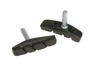 Vue de détail de patins de frein V-brake de vélo avec blocs en caoutchouc et tiges.