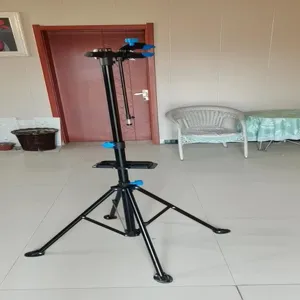 Heavy-duty bicycle repair stand detail view, iron maintenance workbench for bikes.