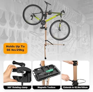 Professioneller Fahrrad-Reparaturständer mit 360-Grad-Drehklammer, Magnet-Werkzeugschale und Höhe.
