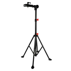 Cavalletto di riparazione bici nero portatile con morsetto regolabile e base stabile.