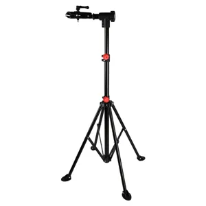 Supporto per riparazione biciclette portatile con morsetto regolabile e base treppiede stabile.