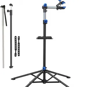 Professional bicycle repair stand with adjustable clamp, tool tray, and sturdy folding legs.