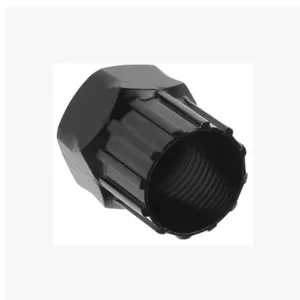 Detailed view of black bicycle freewheel remover tool with internal thread and spline design.