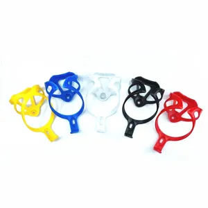 Close-up details of lightweight plastic bicycle water bottle cage in multiple vivid colors.