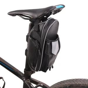 Black carbon fiber texture bicycle saddle bag with reflective strips and zipper pockets.