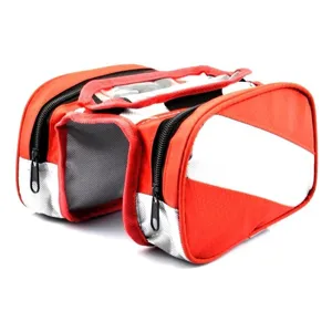 Red white bicycle saddle bag top tube frame pouch with clear touch phone pocket detail view.