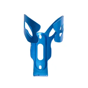 Blue aluminum bicycle bottle cage for mountain bikes, lightweight integrated cycling cup holder.