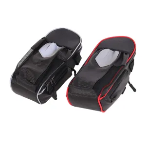 Bicycle saddle bag detail view showing dual color options with durable carbon fiber texture.