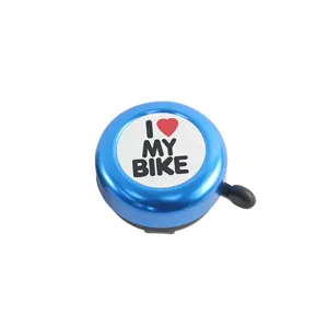 Blue aluminum bicycle bell with I love my bike text pattern, durable mini bike handlebar bell.