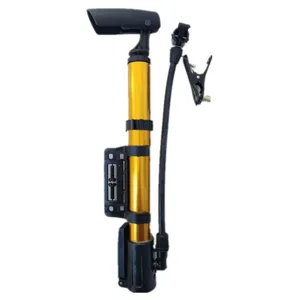 Portable mini bicycle pump detail shot, lightweight high pressure aluminum alloy cycling accessory.