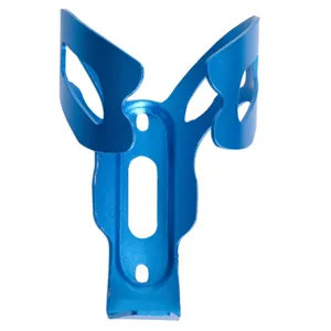 Blue aluminum alloy bicycle water bottle cage for mountain bikes and cycling enthusiasts.