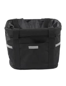 Cesta de lona negra para bicicleta con asas dobles bolsillo frontal y tiras reflectantes.