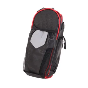 Bicycle saddle bag detail showing carbon texture, red trim, and mesh side pocket design.