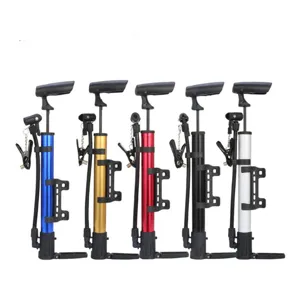 Detail view of portable mini bicycle air pump in multiple colors, high pressure alloy.