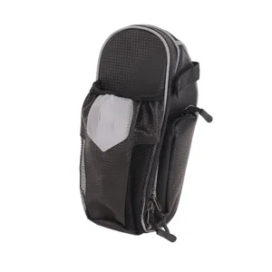 Close-up of black bicycle tail bag with carbon pattern, mesh pocket and zipper design details.