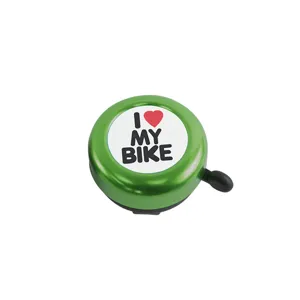 Green aluminum mini bicycle bell with heart text detail, perfect for mountain and kids bikes.