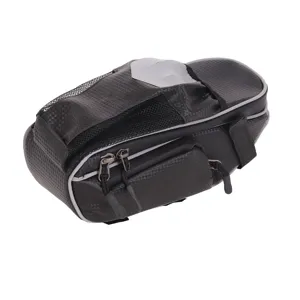 Black bicycle saddle bag with zipper pockets and reflective strip detail for cycling.
