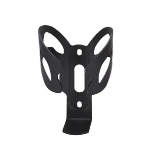Black bicycle water bottle cage for mountain bikes, durable lightweight aluminum alloy design.