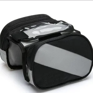 Detail shot of black bicycle top tube bag featuring transparent touch screen phone pocket.