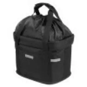 Cesta de bicicleta de tela impermeable en color negro con asas y cordón para e-bikes.