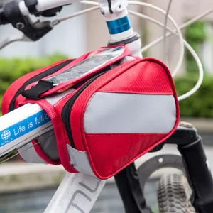 Bicycle top tube frame bag with touch screen phone pouch red cycling storage accessory