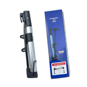 Portable mini aluminum bicycle floor high pressure air pump with detailed box packaging view.