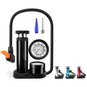 Portable foot-operated air pump with pressure gauge and multi-use nozzles for bikes.