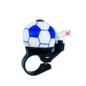 Close-up detail of blue and white soccer bicycle bell design featuring mounting bracket.
