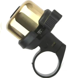 Classic brass bicycle bell with black mount for mountain bikes and road cycling safety.